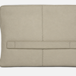 A light beige pebbled leather laptop sleeve with a front strap detail and a top zipper, shown against a plain white background.