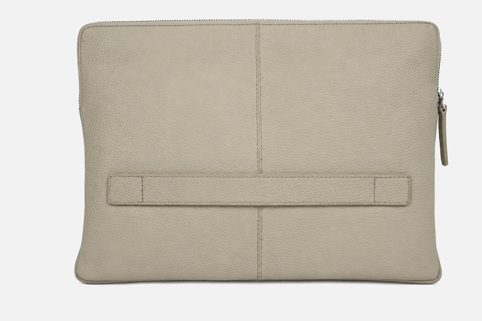 A light beige pebbled leather laptop sleeve with a front strap detail and a top zipper, shown against a plain white background.