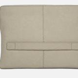 A light beige pebbled leather laptop sleeve with a front strap detail and a top zipper, shown against a plain white background.