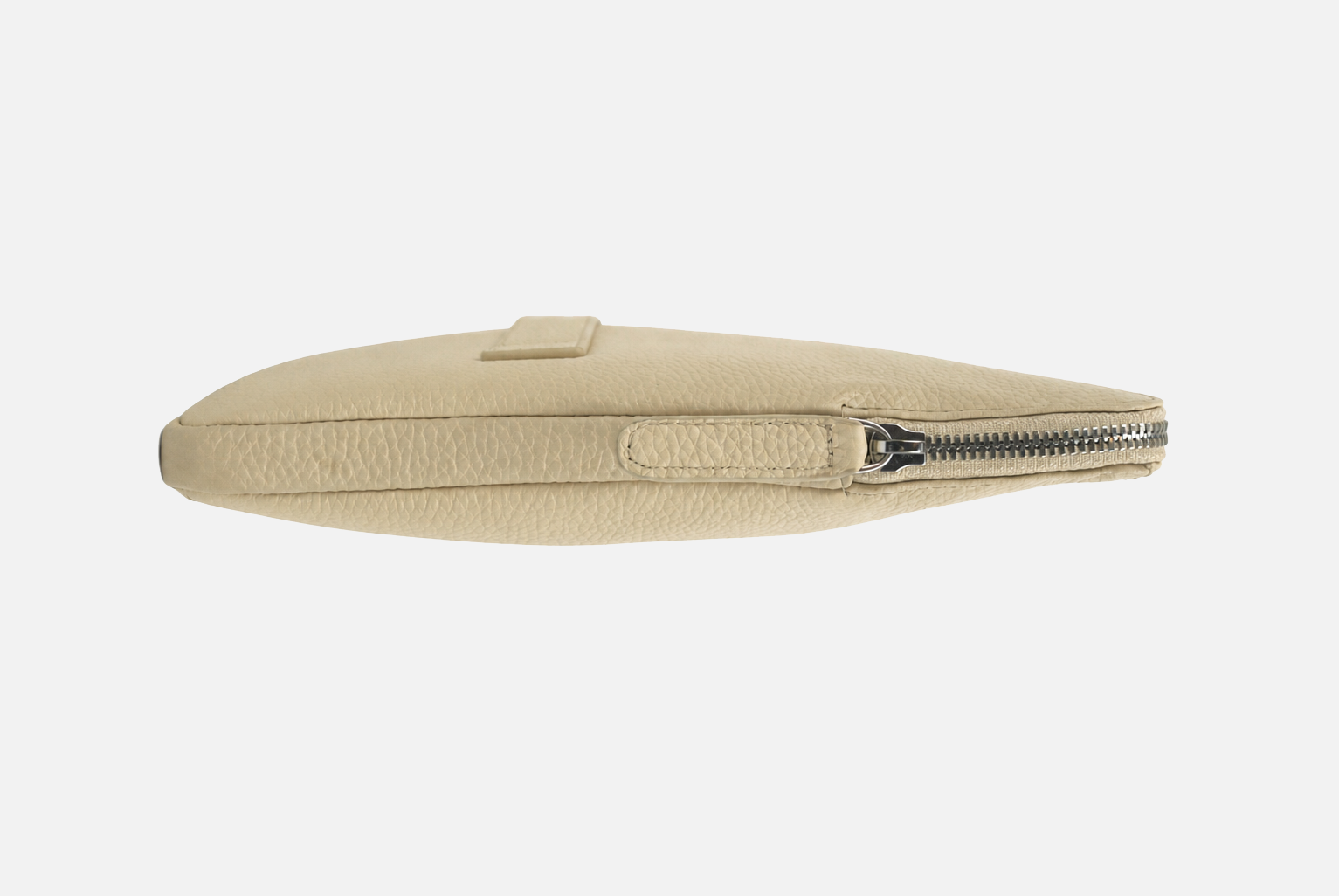 A small beige leather zip pouch with a silver zipper, shown in profile against a light gray background.