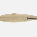 A small beige leather zip pouch with a silver zipper, shown in profile against a light gray background.