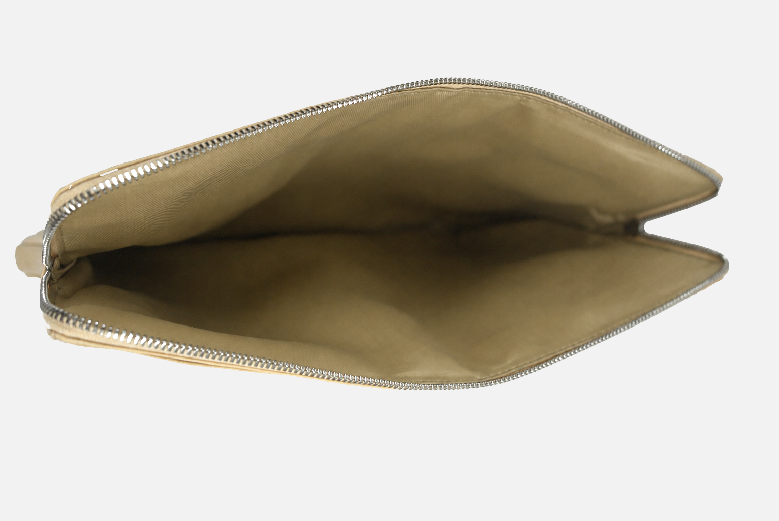 An empty zippered pouch shown from an overhead view, featuring a beige interior lining and a gold-toned zipper, set against a plain light gray background.