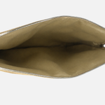 An empty zippered pouch shown from an overhead view, featuring a beige interior lining and a gold-toned zipper, set against a plain light gray background.