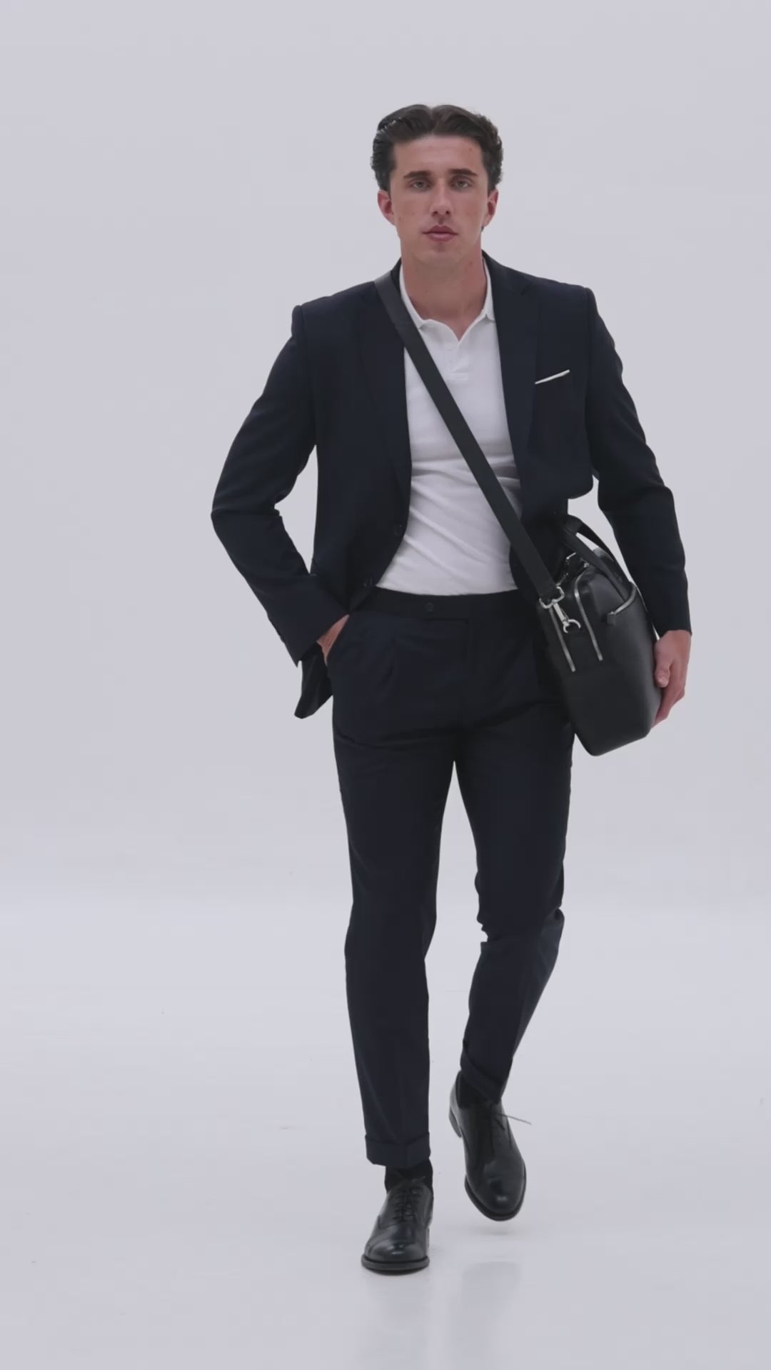 Black leather business briefcase with shoulder strap